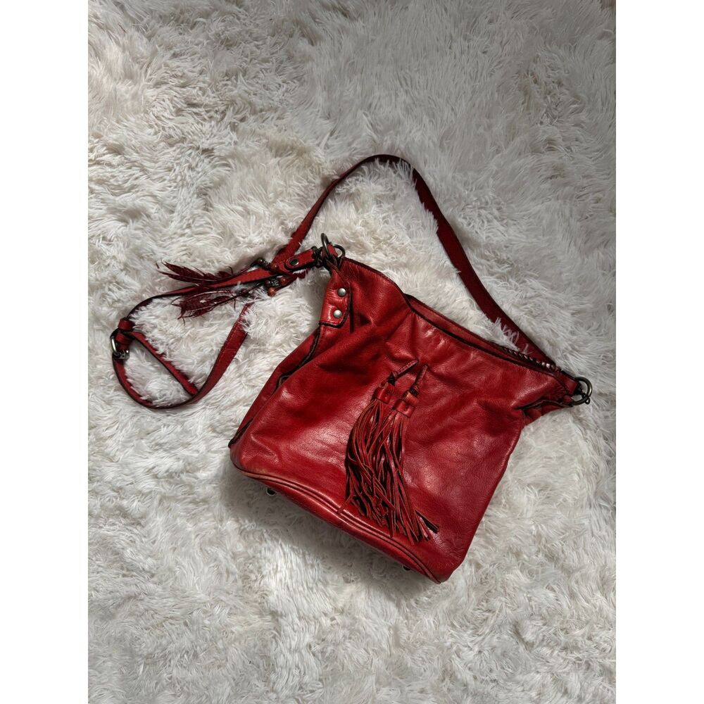 Patricia Nash Red Italian Leather Fringe Crossbody Bag Boho Feather Bead Charm